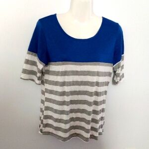 Blue and Gray Striped Women's Top L
